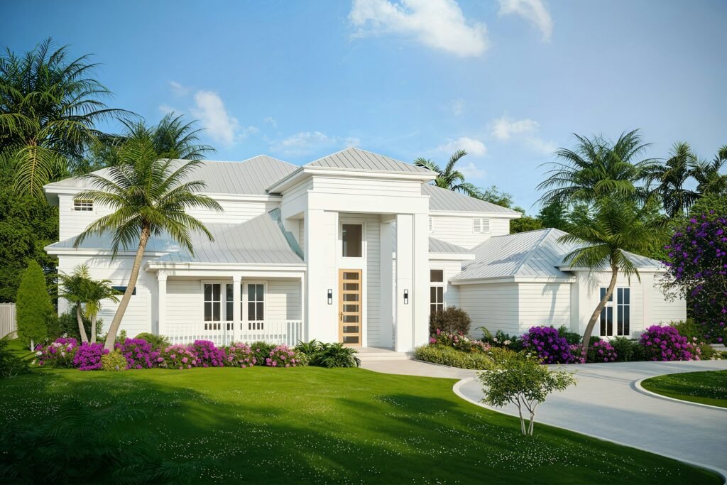 Maison blanche moderne et jardin